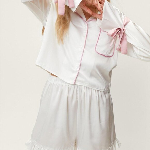 Basic Bae Girly White and Pink Tied Cuff Top and Frill Shorts Lounge Set - Picture 1 of 4